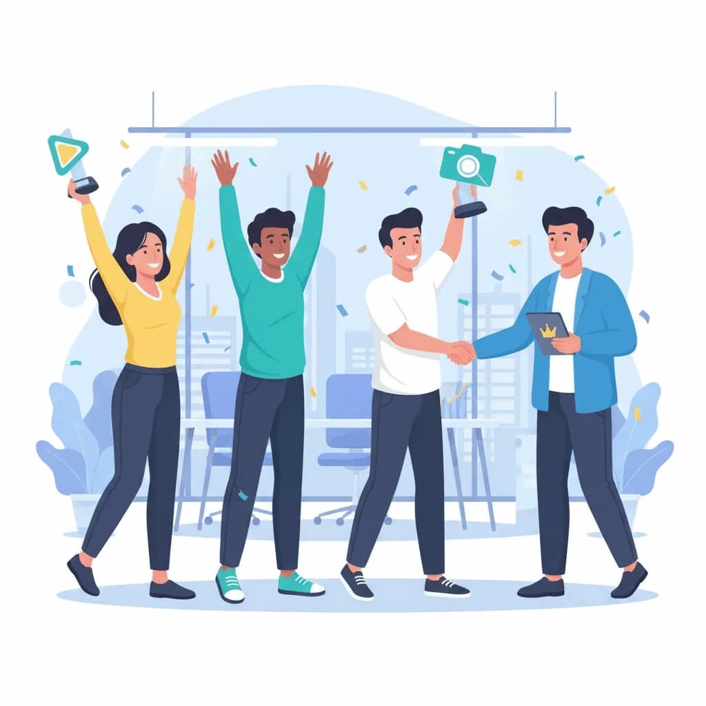 Equipo diverso de creadoras de contenido celebrando el crecimiento de la agencia