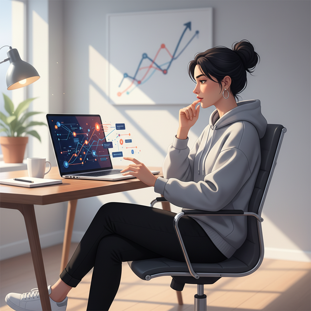 Creadora produciendo contenido atractivo en un portátil