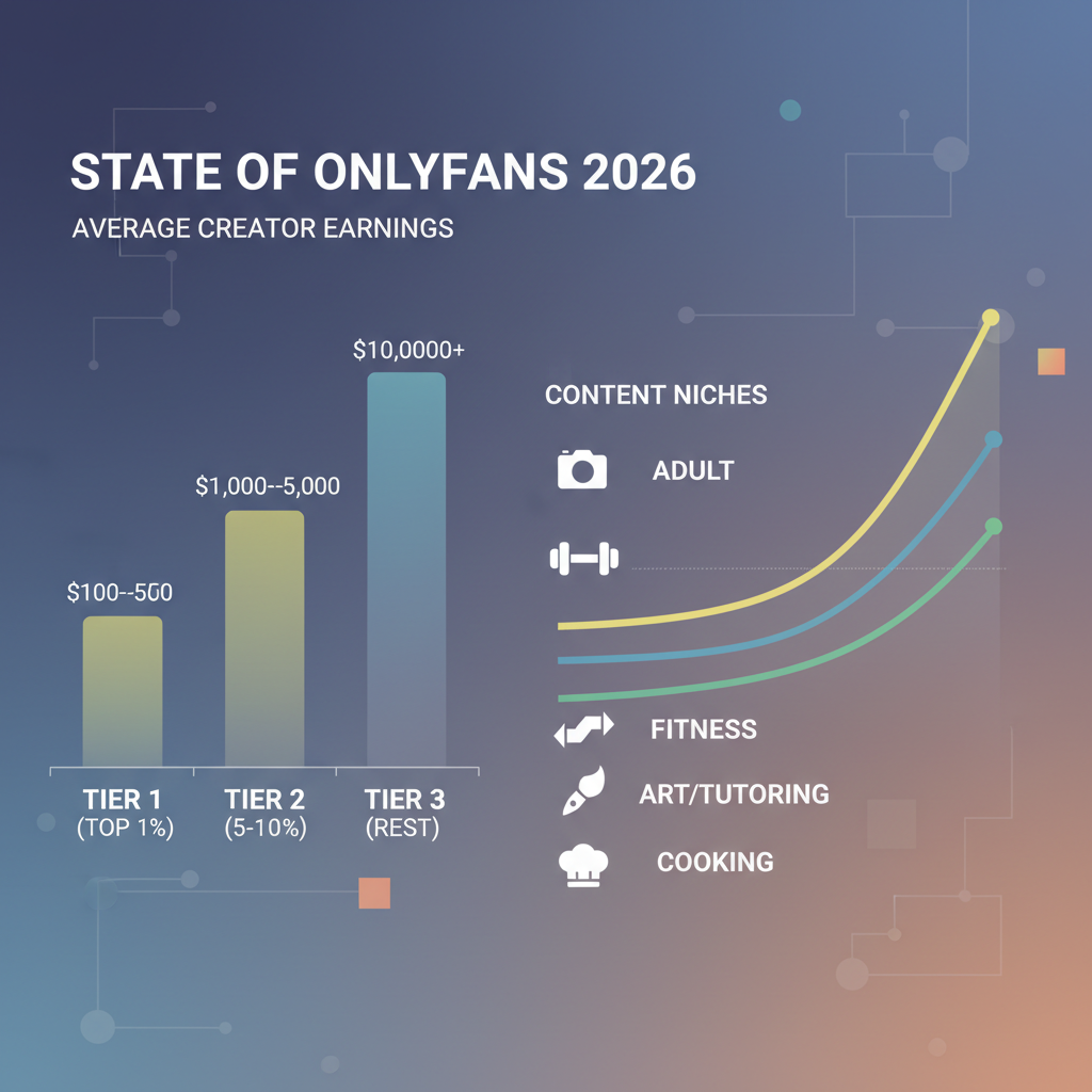Gráfico que ilustra las ganancias promedio de los creadores en diferentes niveles y nichos de contenido. - Ilustración del Estado de OnlyFans 2026