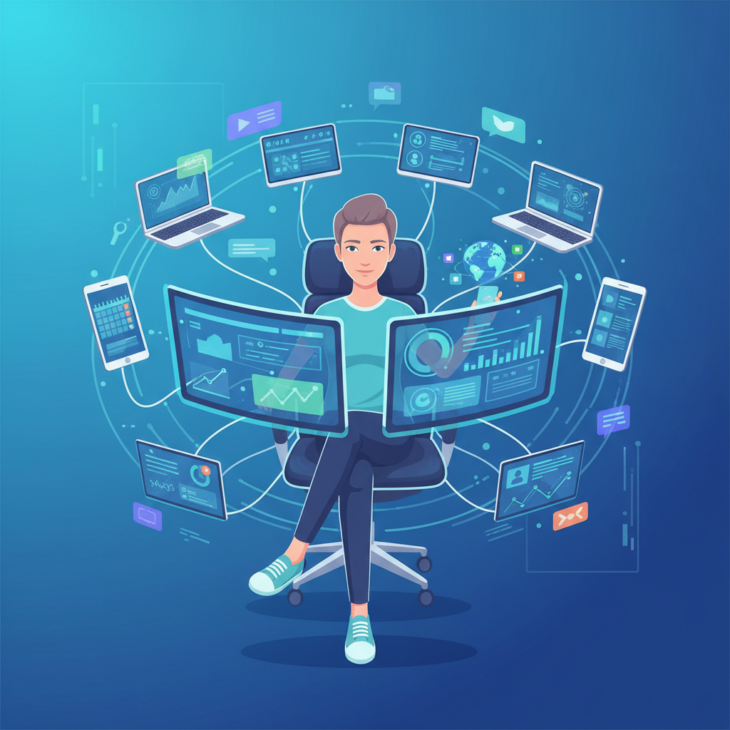 Una persona gestionando de forma autónoma múltiples dispositivos digitales, representando la autogestión y el control. - Ilustración de Agencia OnlyFans vs. Autogestión